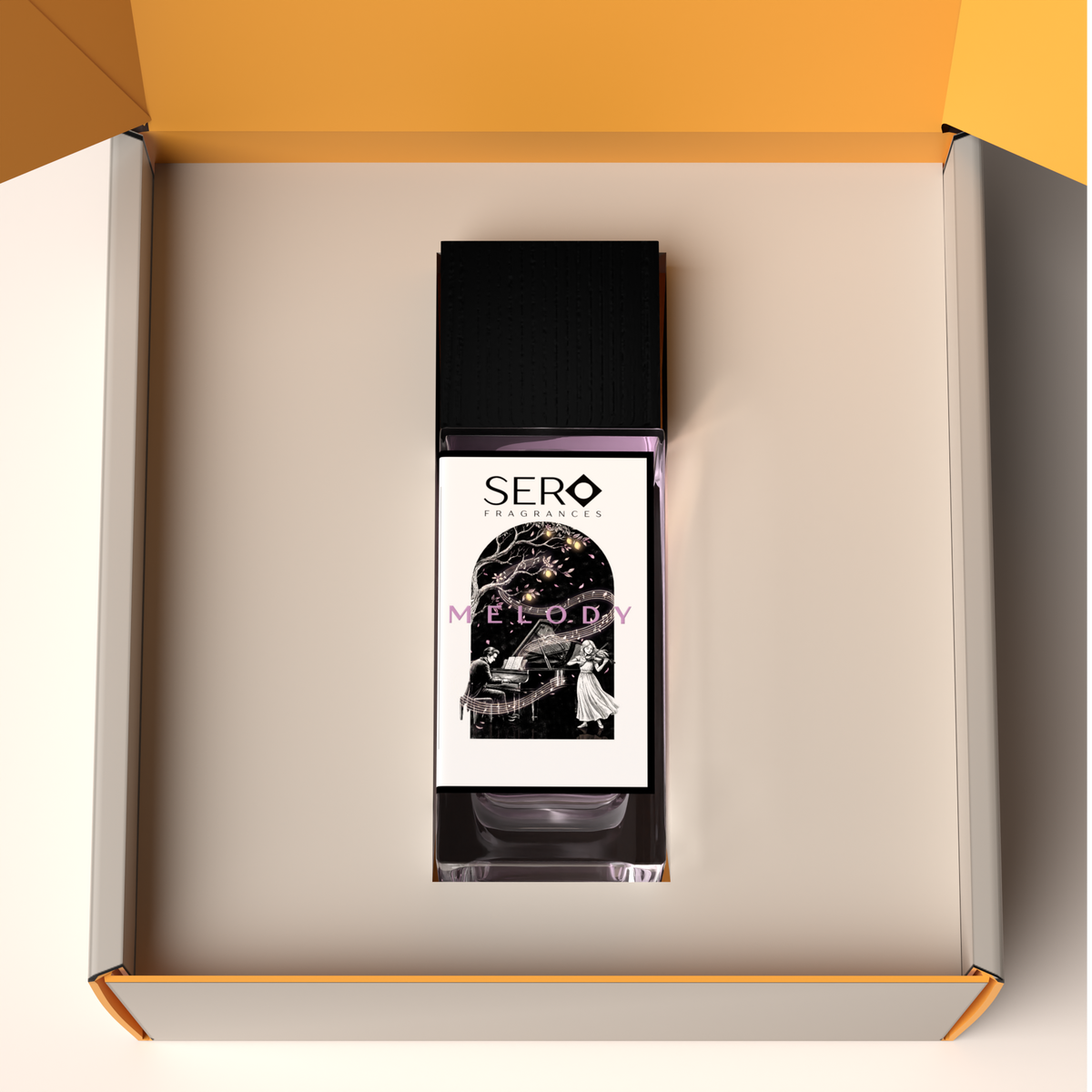 Top view of a packaging within it a minimalist clear glass perfume bottle with black wood cap containing SERO fragrance inspired by LV Symphonie. 