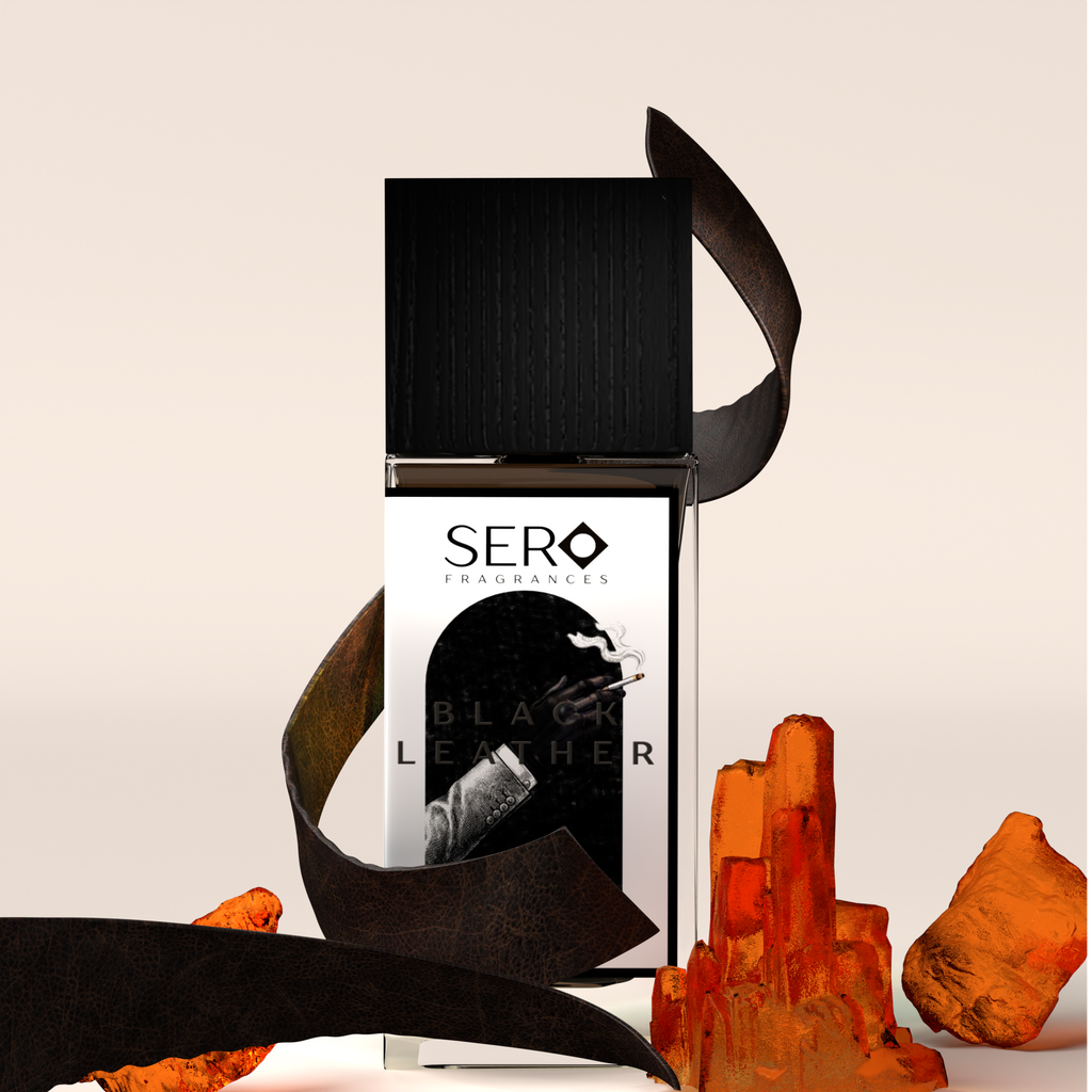 Front view of a minimalist clear glass perfume bottle with black wood cap containing SERO fragrance inspired by TOM FORD's Ombré Leather. 
