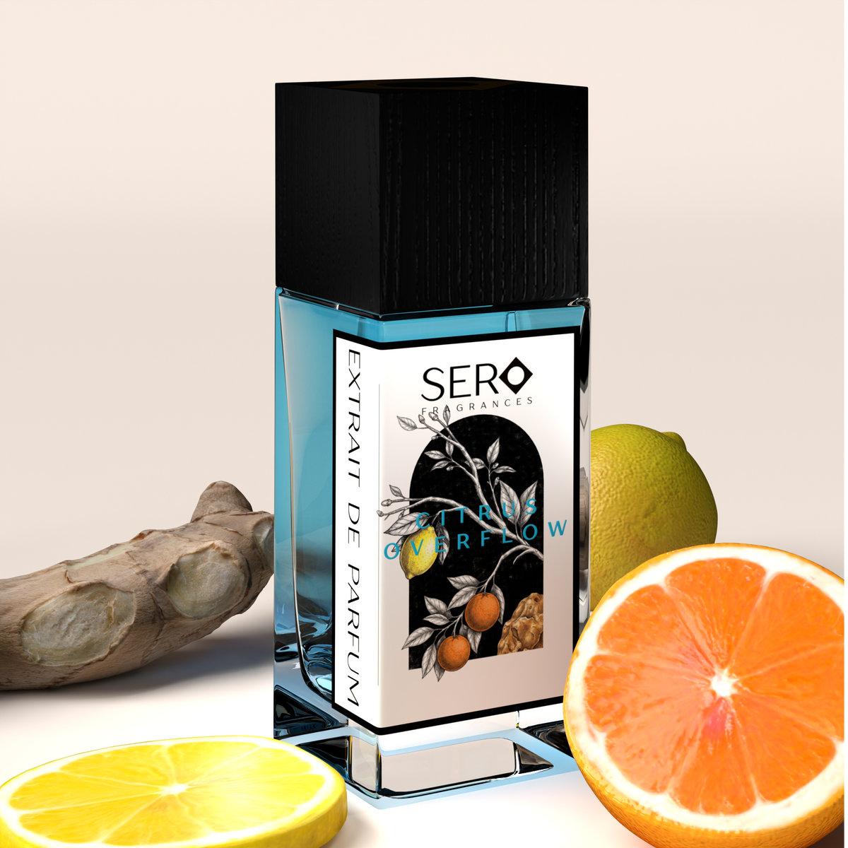 Corner view of a minimalist clear glass perfume bottle with black wood cap containing SERO fragrance inspired by LV AFTERNOON SWIM. 