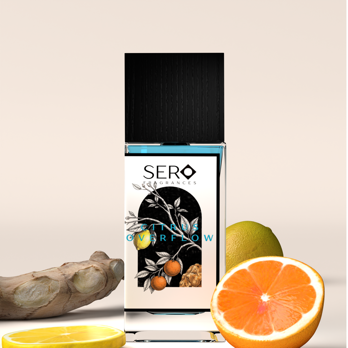 Front view of a minimalist clear glass perfume bottle with black wood cap containing SERO fragrance inspired by LV AFTERNOON SWIM. 
