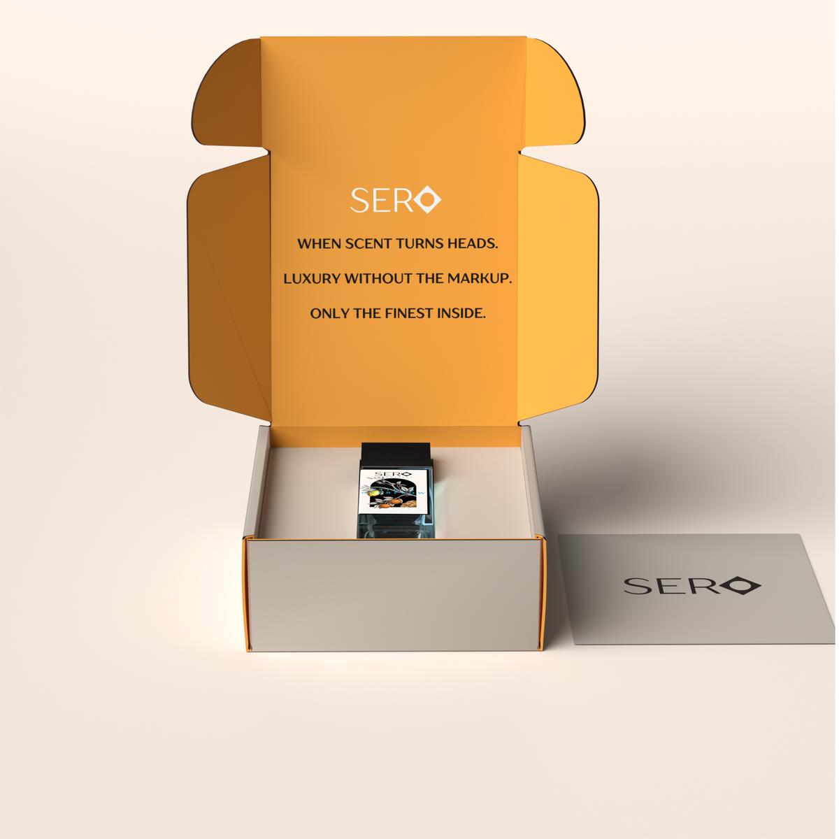 Front view of a packaging within it a minimalist clear glass perfume bottle with black wood cap containing SERO fragrance inspired by LV AFTERNOON SWIM. 