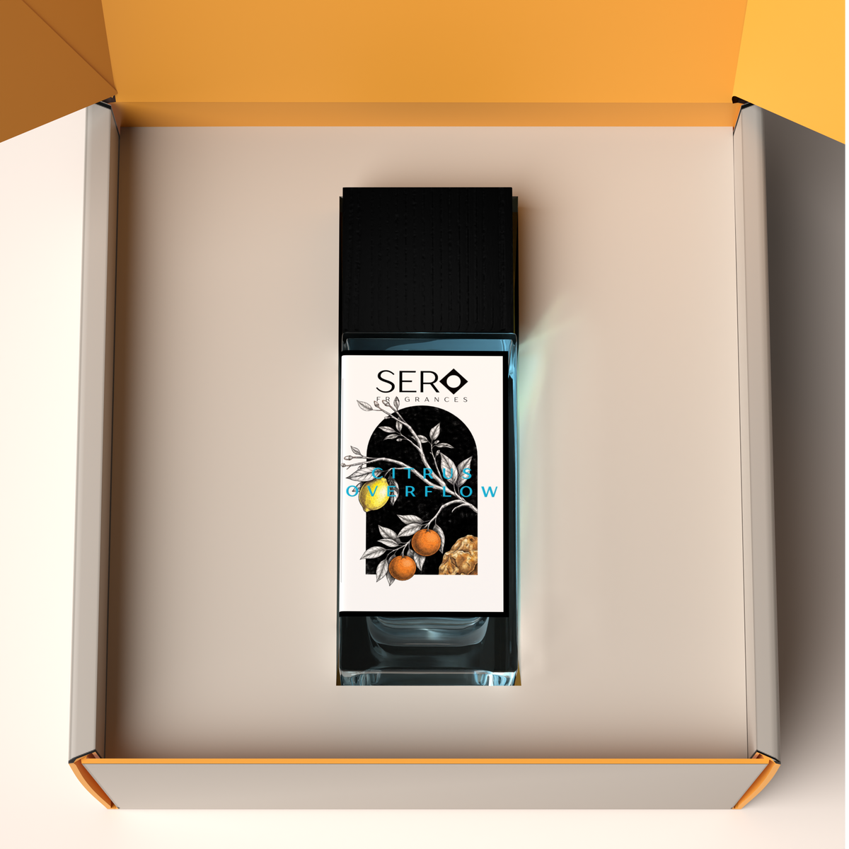 Top view of a packaging within it a minimalist clear glass perfume bottle with black wood cap containing SERO fragrance inspired by LV AFTERNOON SWIM. 