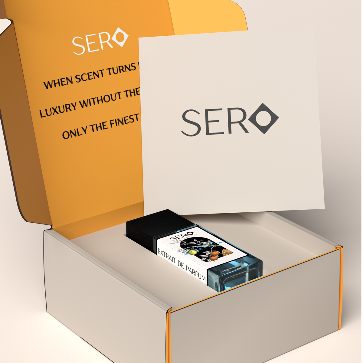 Corner view of a packaging within it a minimalist clear glass perfume bottle with black wood cap containing SERO fragrance inspired by LV AFTERNOON SWIM. 