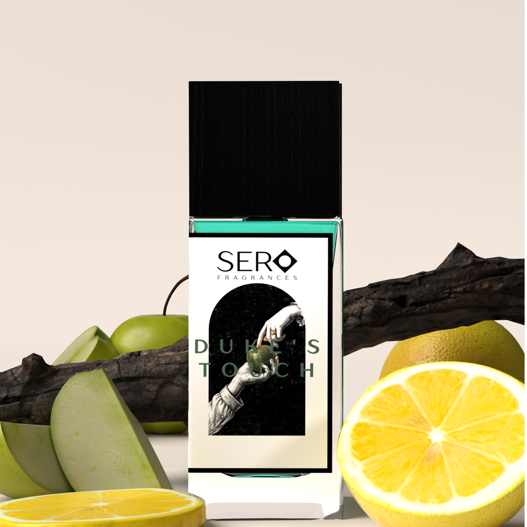 Front view of a minimalist clear glass perfume bottle with black wood cap containing SERO fragrance inspired by Parfums de Marly's Layton. 