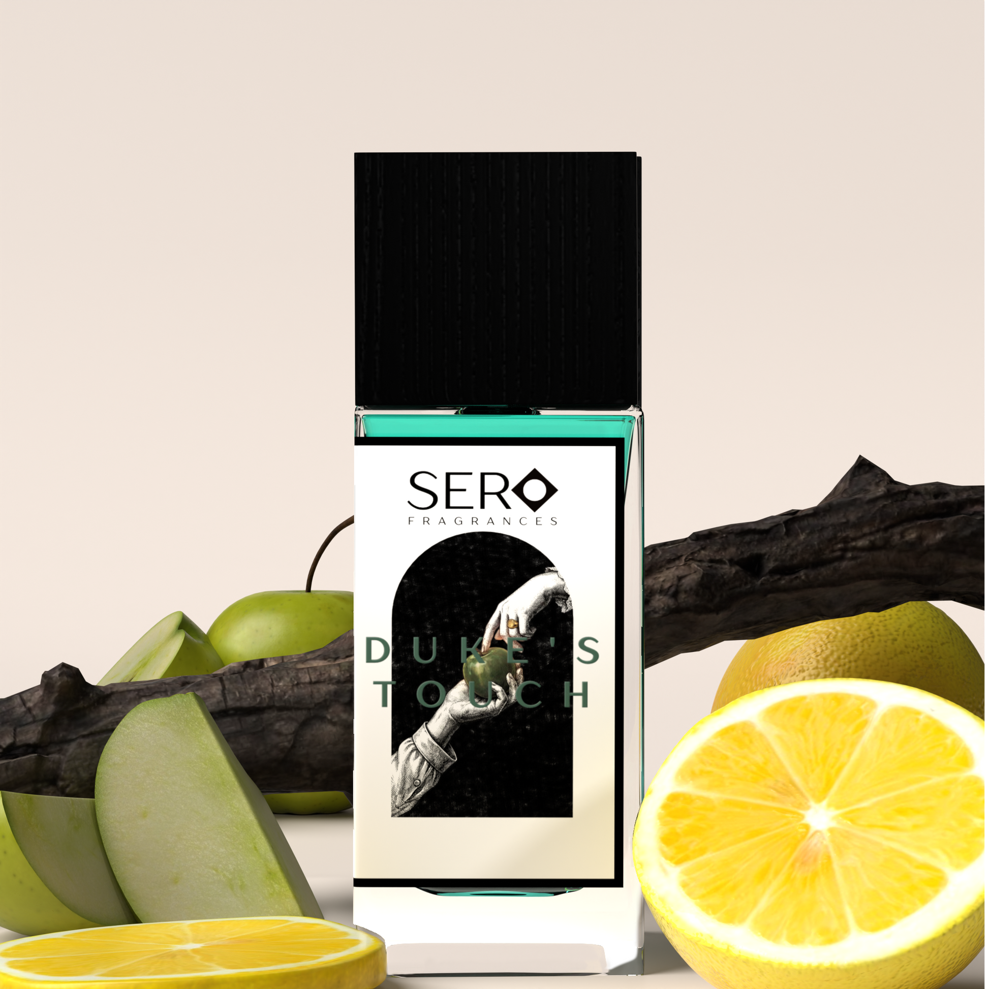 Front view of a minimalist clear glass perfume bottle with black wood cap containing SERO fragrance inspired by Parfums de Marly's Layton. 