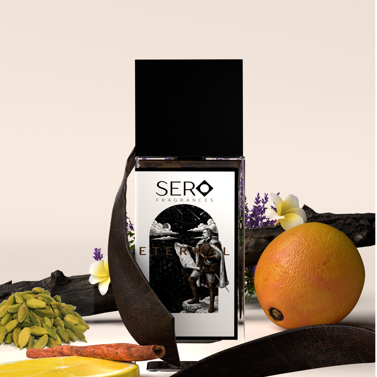 Front view of a minimalist clear glass perfume bottle with black wood cap containing SERO fragrance inspired by  Penhaligon's Halfeti Leather. 