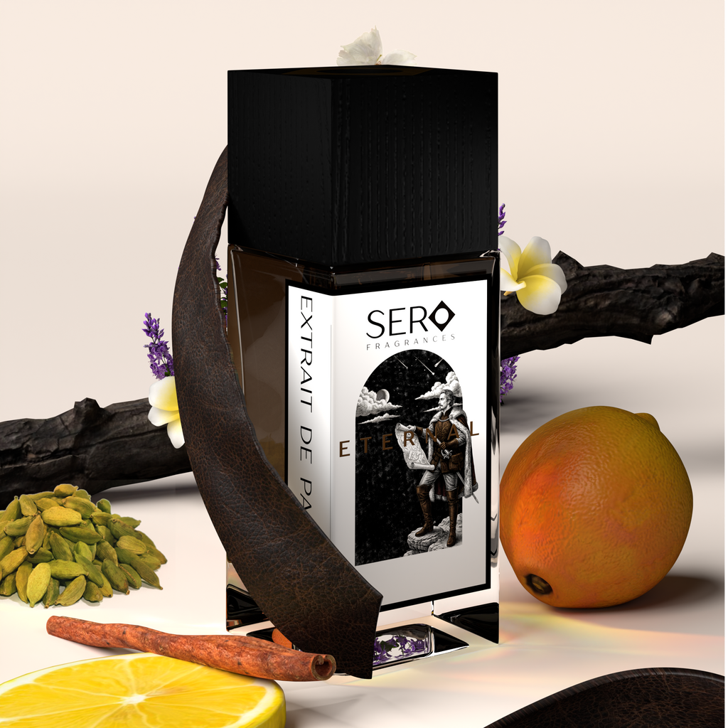 Coner view of a minimalist clear glass perfume bottle with black wood cap containing SERO fragrance inspired by  Penhaligon's Halfeti Leather. 