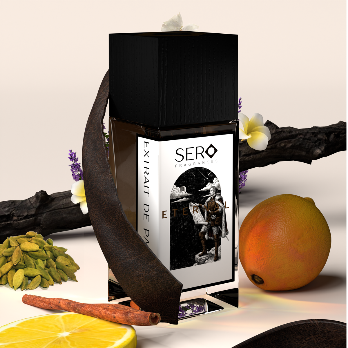 Coner view of a minimalist clear glass perfume bottle with black wood cap containing SERO fragrance inspired by  Penhaligon's Halfeti Leather. 