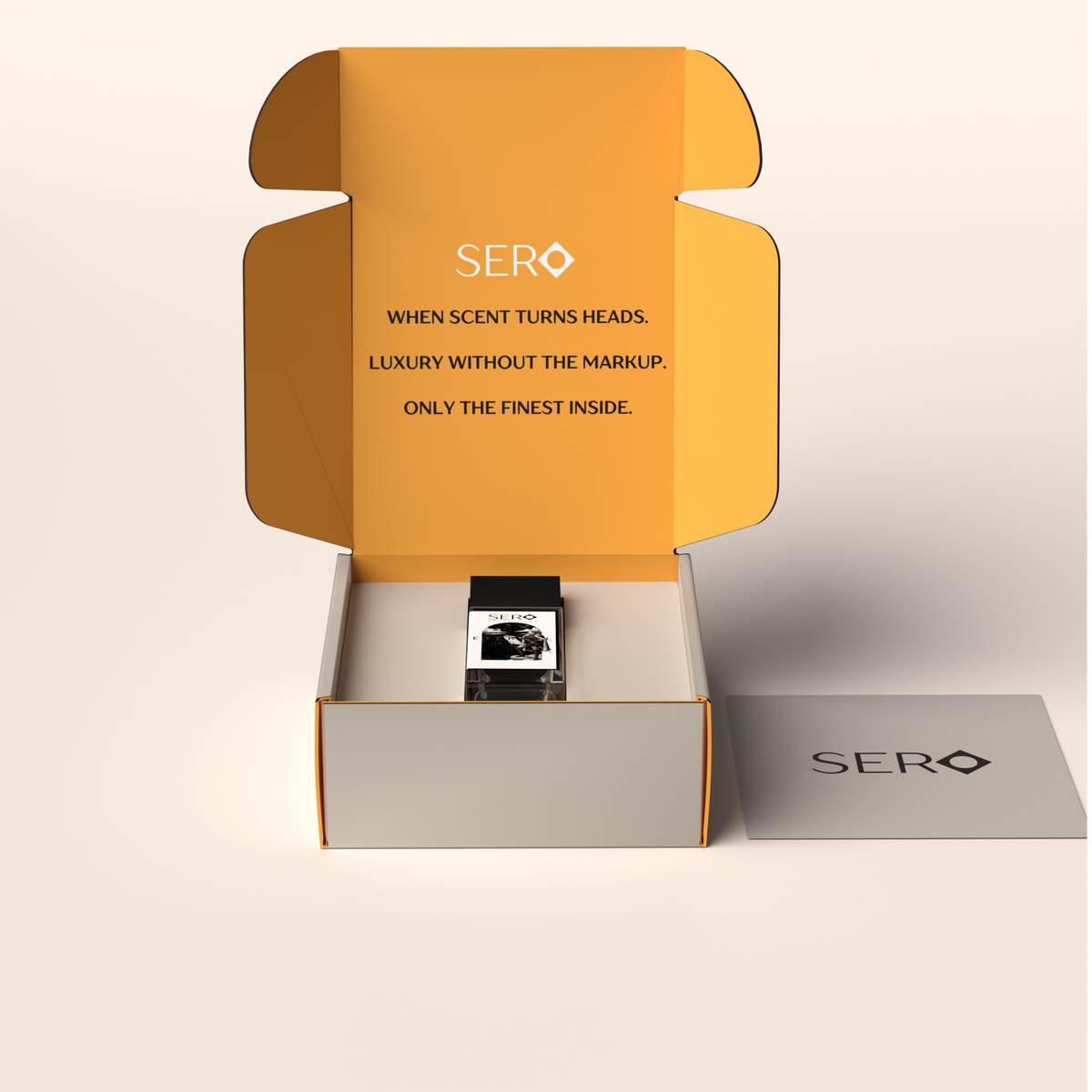 Front view of a packaging within it a minimalist clear glass perfume bottle with black wood cap containing SERO fragrance inspired byPenhaligon's Halfeti Leather. 
