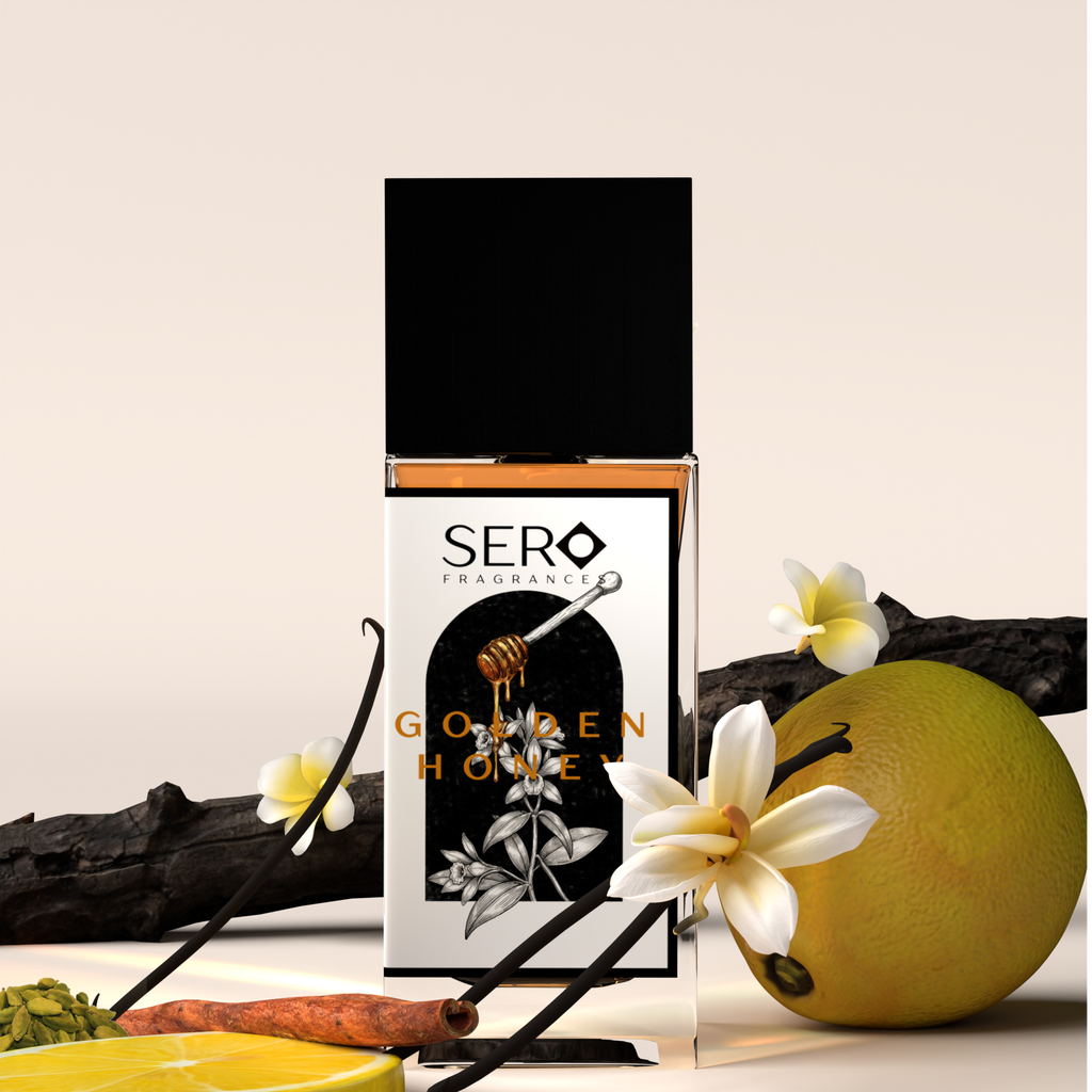 Front view of a minimalist clear glass perfume bottle with black wood cap containing SERO fragrance inspired by Parfums de Marly Althaïr . 
