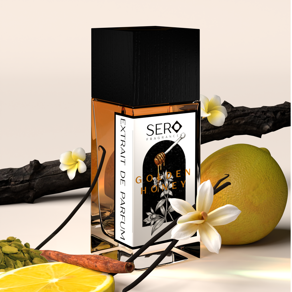 Corner view of a minimalist clear glass perfume bottle with black wood cap containing SERO fragrance inspired by Parfums de Marly Althaïr . 