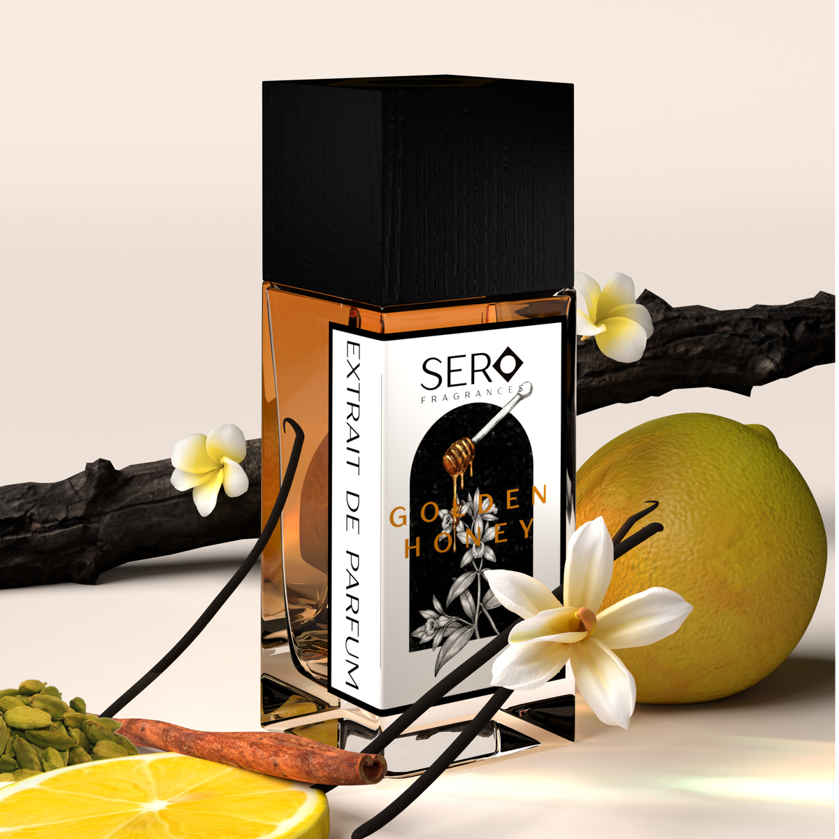 Corner view of a minimalist clear glass perfume bottle with black wood cap containing SERO fragrance inspired by Parfums de Marly Althaïr . 