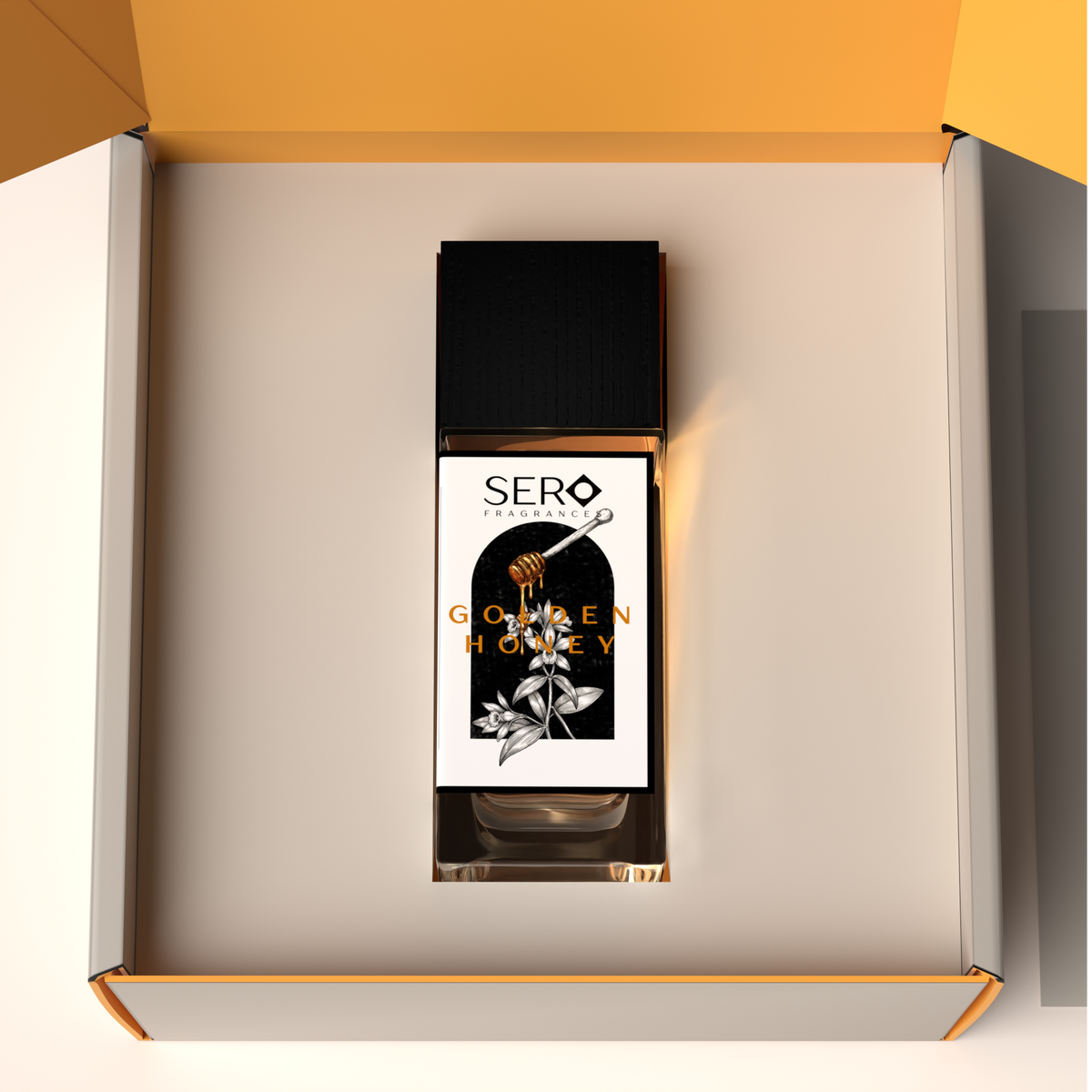 Top view of a packaging within it a minimalist clear glass perfume bottle with black wood cap containing SERO fragrance inspired by Parfums de Marly Althaïr. 
