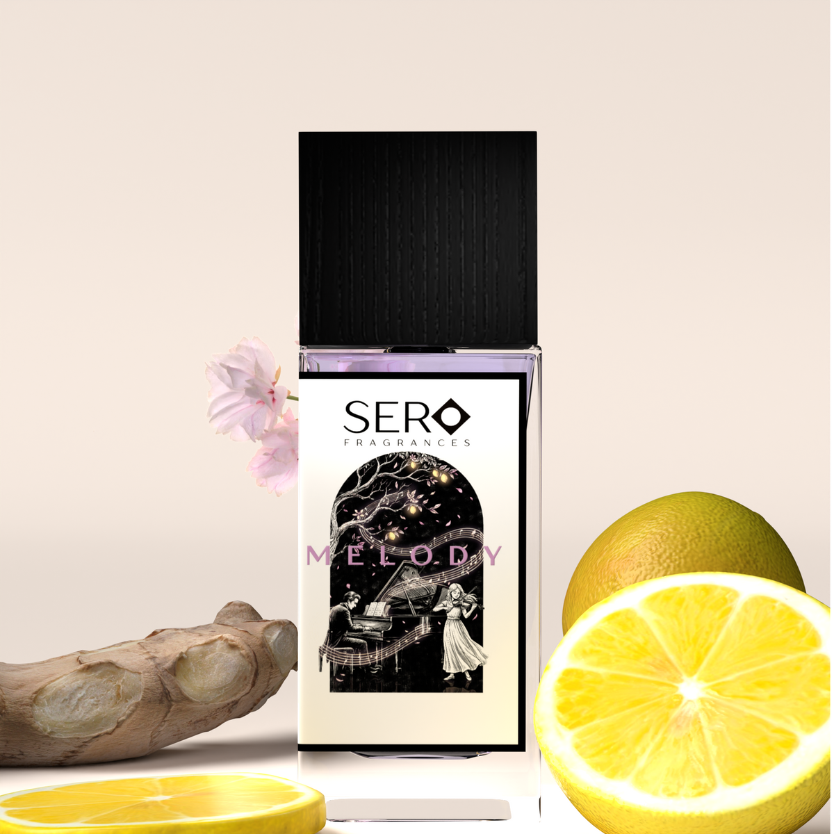 Front view of a minimalist clear glass perfume bottle with black wood cap containing SERO fragrance inspired by LV Symphonie. 