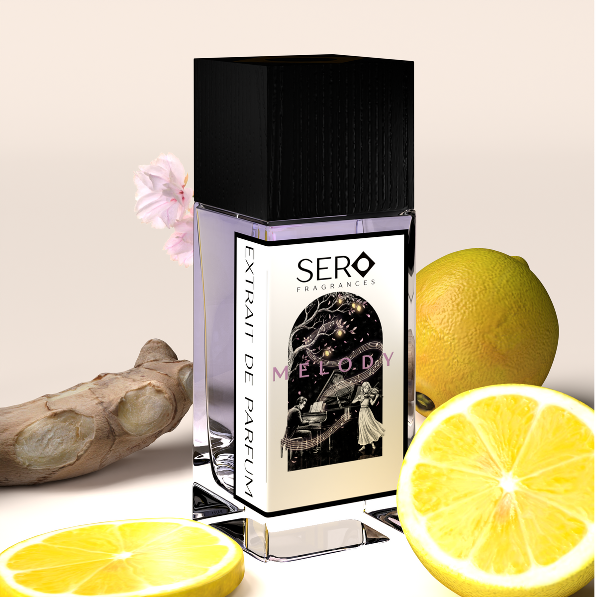 Corner view of a minimalist clear glass perfume bottle with black wood cap containing SERO fragrance inspired by LV Symphonie. 