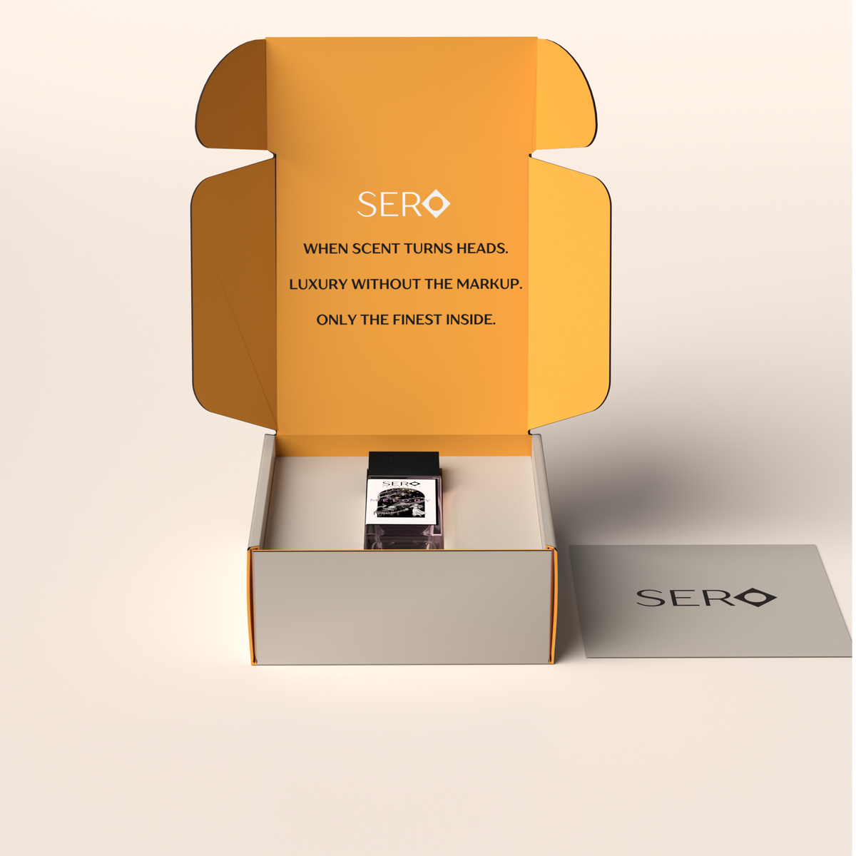 front view of a packaging within it a minimalist clear glass perfume bottle with black wood cap containing SERO fragrance inspired by LV Symphonie. 