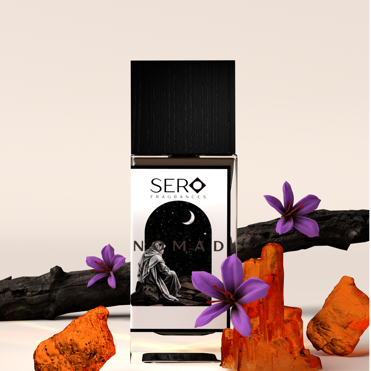 Front view of a minimalist clear glass perfume bottle with black cap containing SERO fragrance inspired by LV Ombre Nomad.