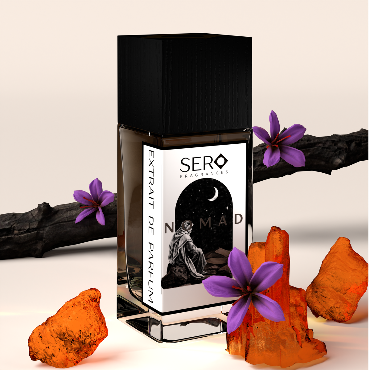 corner view of a minimalist clear glass perfume bottle with black cap containing SERO fragrance inspired by LV Ombre Nomad.