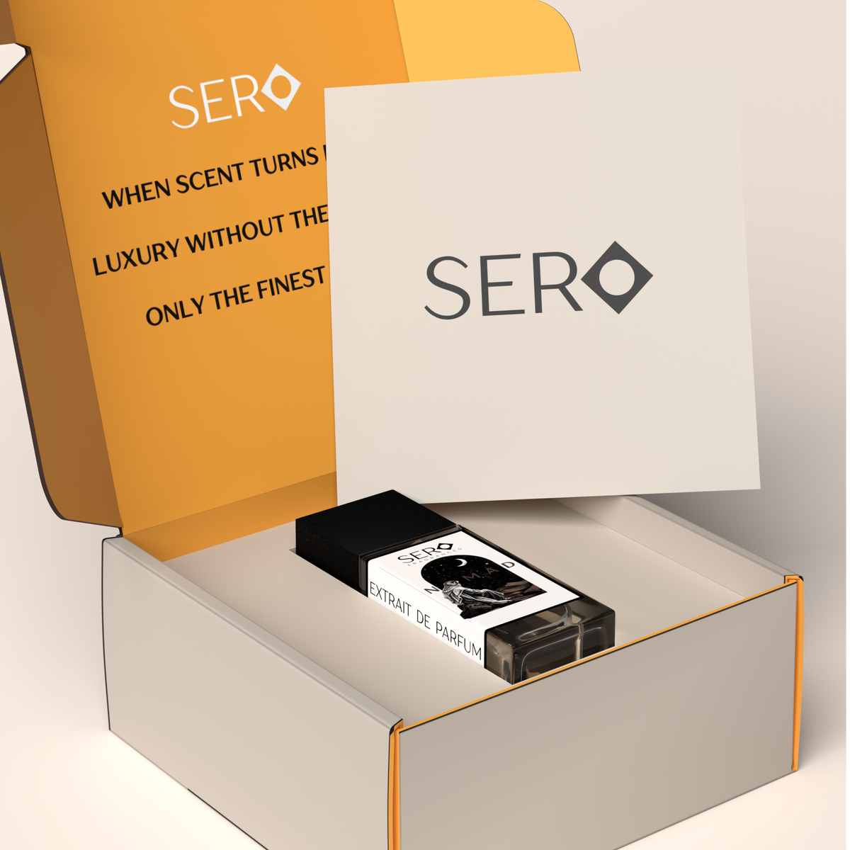 corner view of a packaging within it a minimalist clear glass perfume bottle with black wood cap containing SERO fragrance inspired by LV Ombre Nomad. 