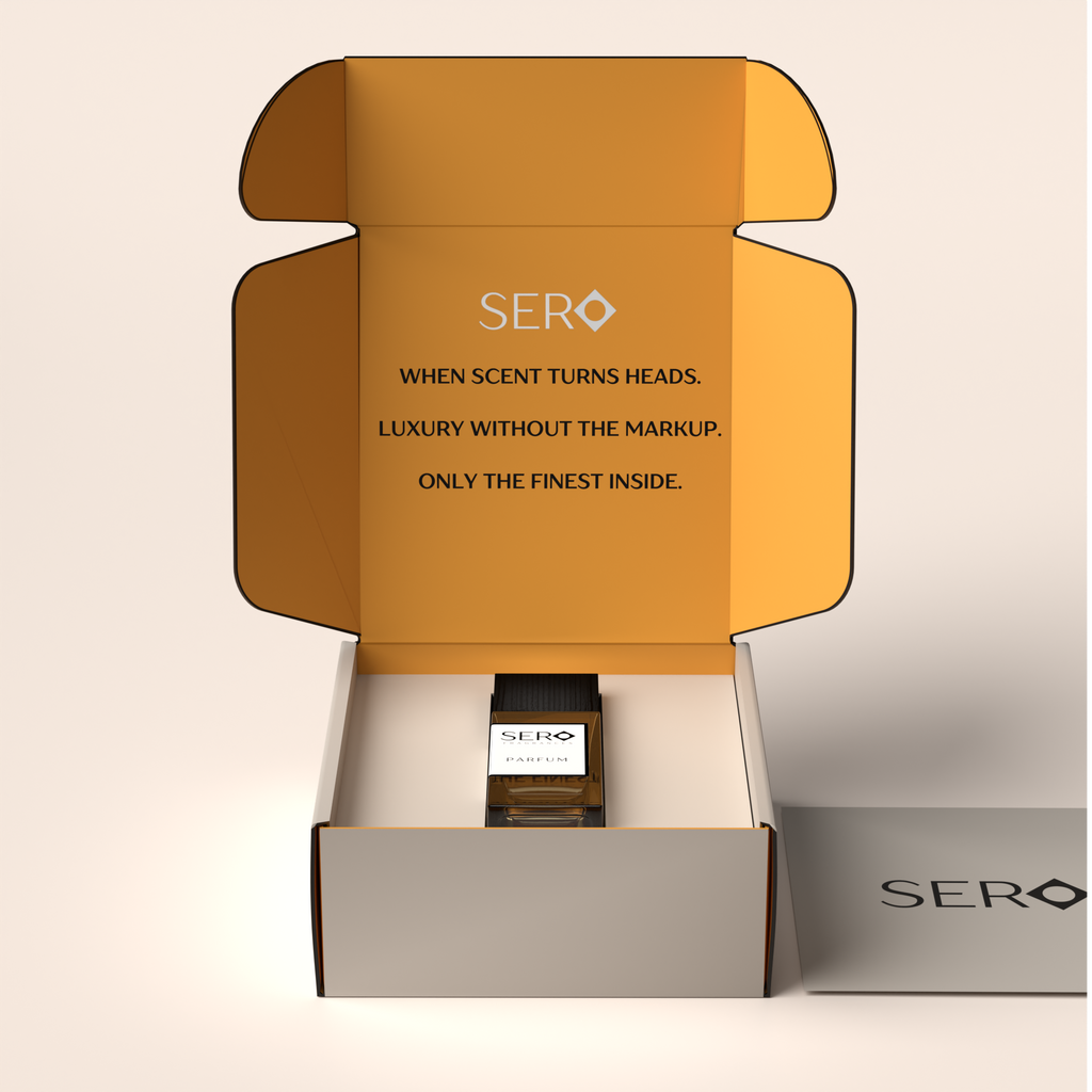 Open box displaying a SERO product with branding text on a beige background