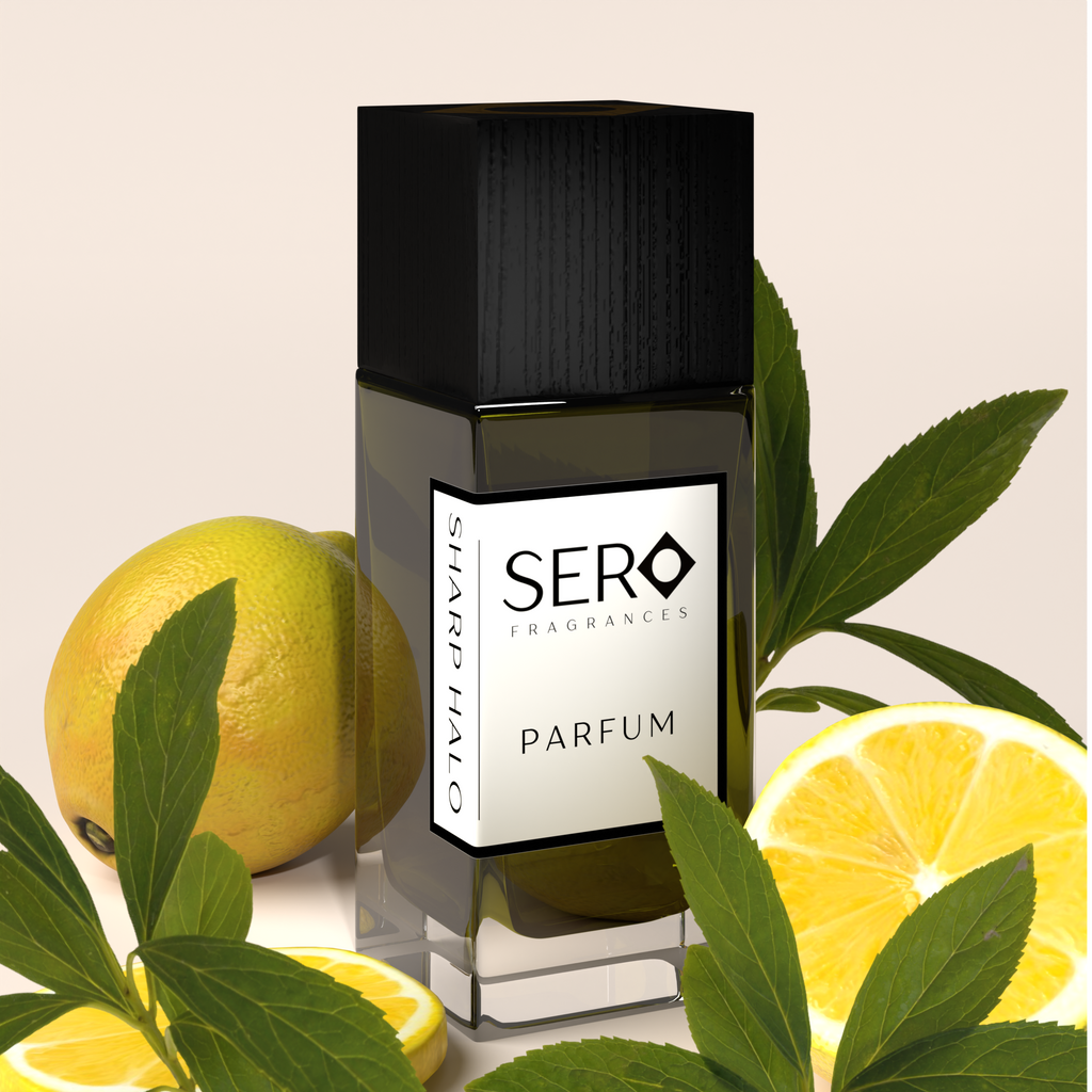Sero Parfum black bottle with lemons and leaves on a light background