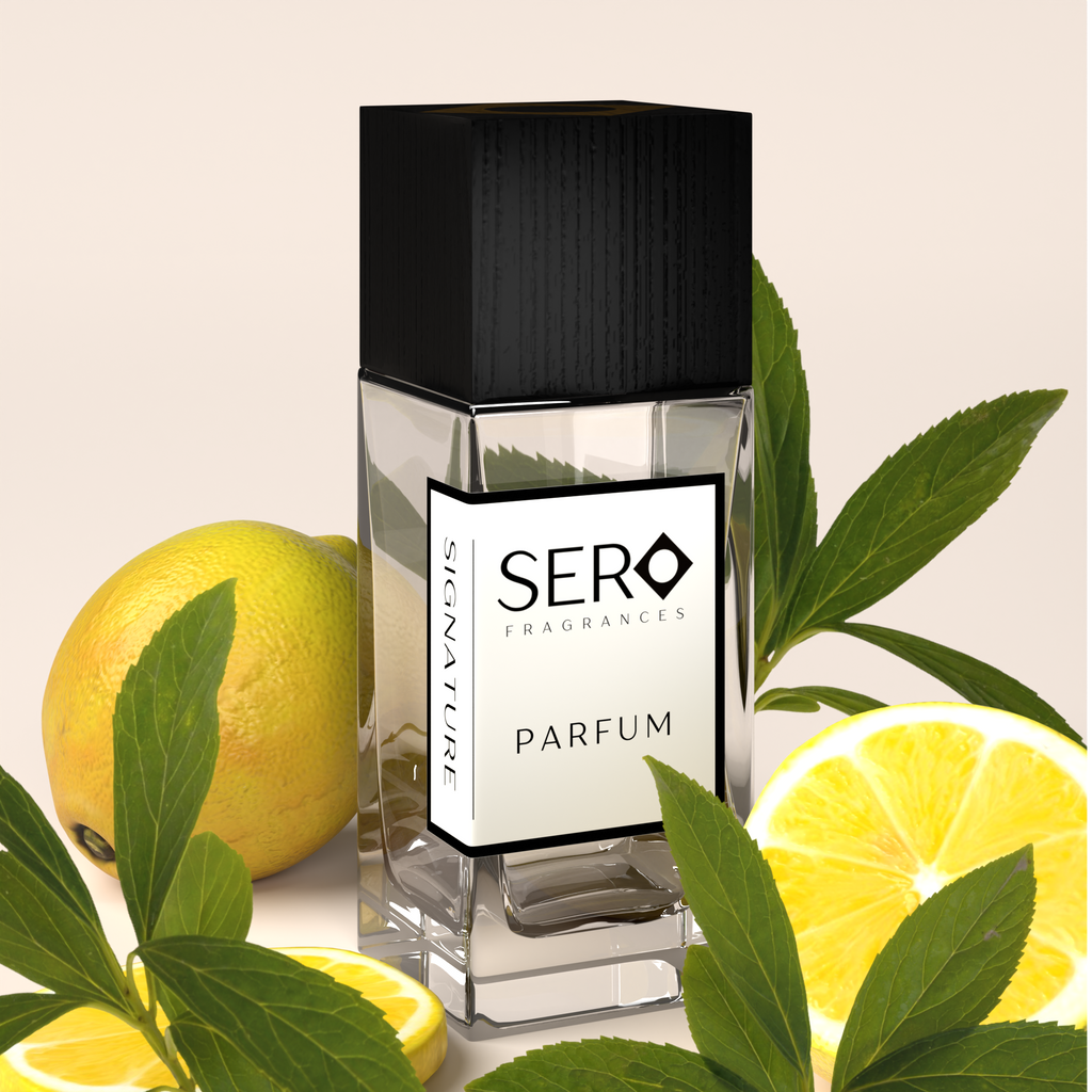Sero Parfum Sinature bottle with lemons and leaves on a light background

