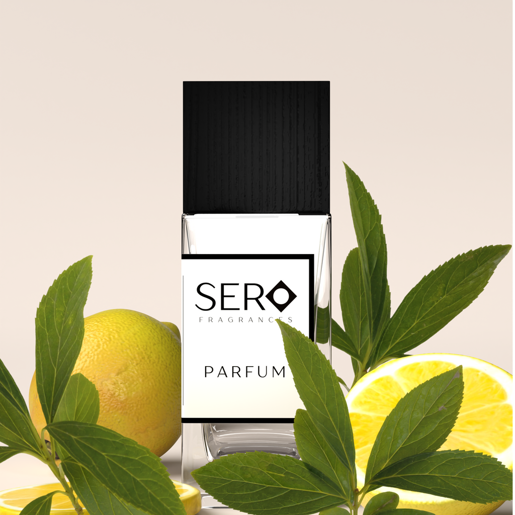 Sero Signature Fragrances parfum bottle with lemons and green leaves on a beige background